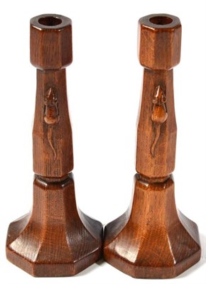 Lot 315 - Mouseman: A Pair of Robert Thompson English Oak Candlesticks, octagonal columns and bases, each...