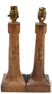 Lot 344 - Mouseman: Two Robert Thompson English Oak Table Lamps, octagonal columns on square bases, each with