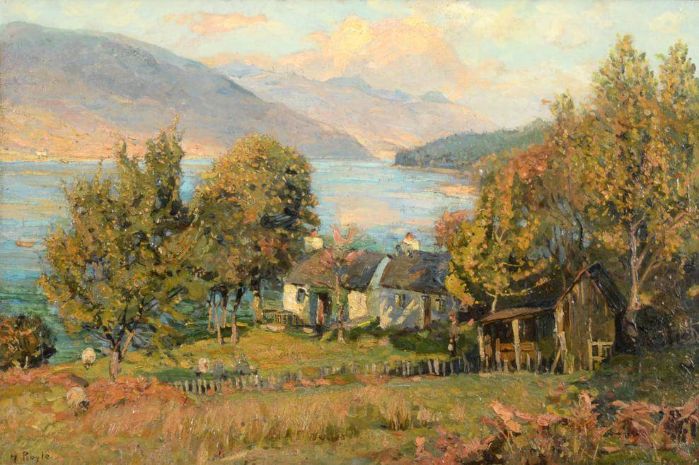 Lot 53 - Herbert Royle (1870-1958)   "Loch Long " - View of a loch with figure beside cottages and sheep...