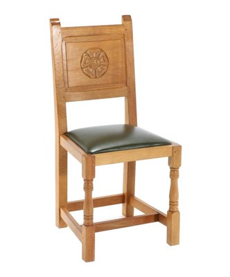 Lot 364 - Cat and Mouseman: A Lyndon Hammell (Harmby) English Oak Panel Back Chair, with carved Yorkshire...
