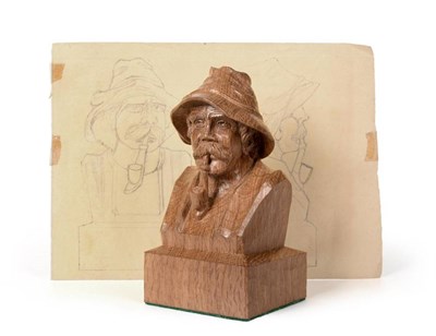 Lot 382 - Woodpeckerman: A Stan Dodds (1928-2012) Carved English Oak Bust, of an old man smoking a pipe, with