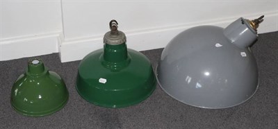 Lot 456 - Three Industrial Vintage Enamel Pendant Lamp Shades, comprising a large grey example by...