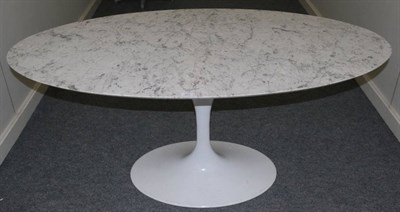 Lot 477 - An Italian White and Grey Marble Effect Oval Table, modern, raised on narrow tapering white painted