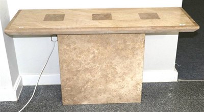 Lot 480 - A Travertine Console Table, modern, the rectangular top decorated with three square panels,...