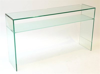 Lot 485 - A Glass Two-Tier Console Table, modern, labelled Green Apple, with a frosted glass shelf, on square