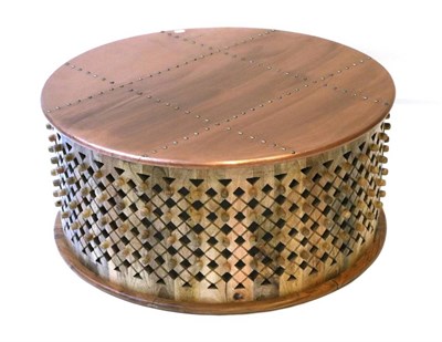 Lot 486 - A Copper Effect Brass Studded and Hardwood Circular Coffee Table, modern, 91cm by 42cm