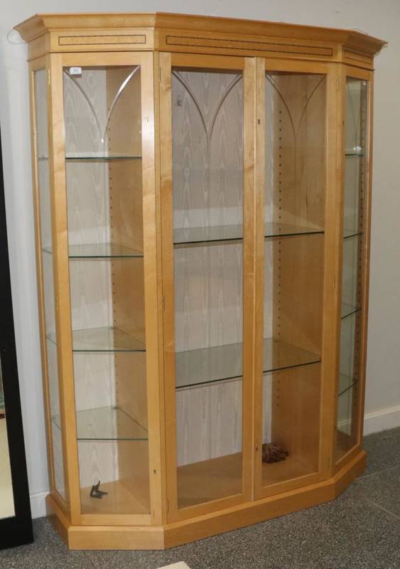 Lot 492 - A Beech Display Cabinet, modern, of canted form with etched glazed doors enclosing five...