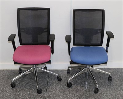 Lot 493 - A Pair of Black Resin and Chrome-Legged Swivel Office Armchairs, modern, labelled Elite Office...