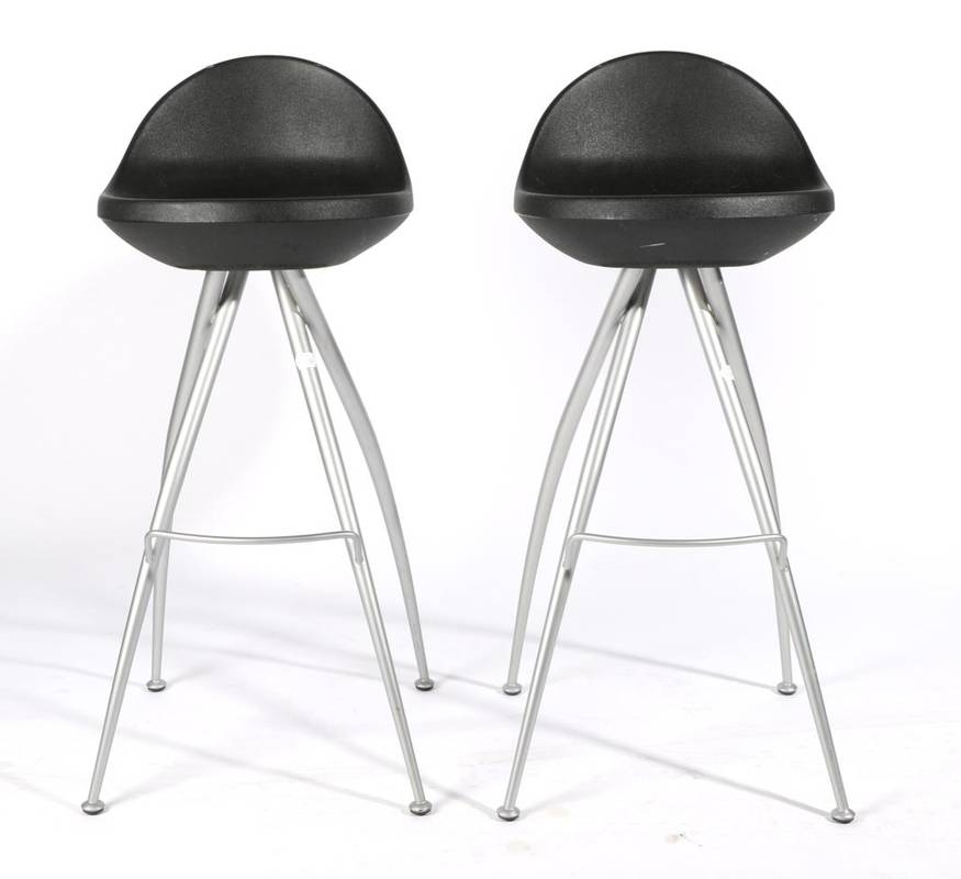 Lot 513 - A Pair of Italian Bar Stools, designed by Roberto Foschia, modern, with black plastic moulded...