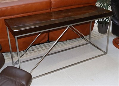 Lot 528 - A Polished Walnut and Brushed Metal Console Table, modern, with square tubular frame, 150cm by 50cm