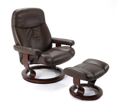 Lot 566 - An Ekornes Stressless Brown Leather Swivel Chair and Footstool, the chair 80cm wide, the...