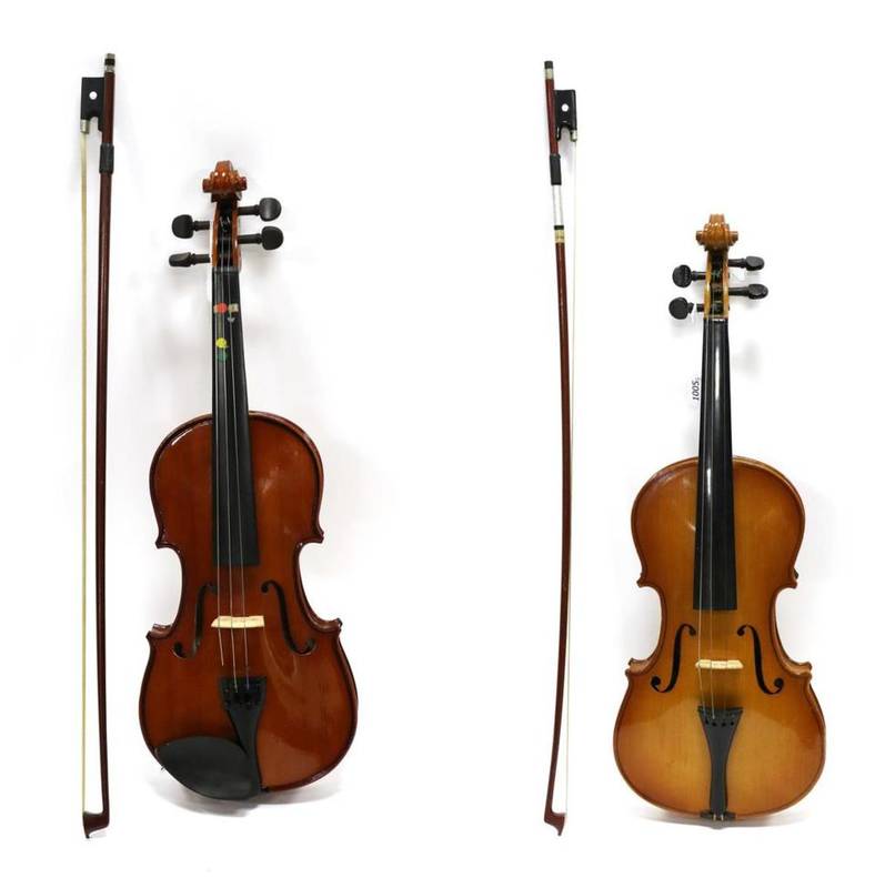 Lot 1005 - Two Violins one full size one half size, both cased with bows (full size missing chin rest)