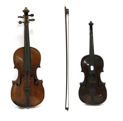 Lot 1006 - Violin 13 3/4'' one piece back, ebony fingerboard, no pegs or fitting, repaired cracks to belly...