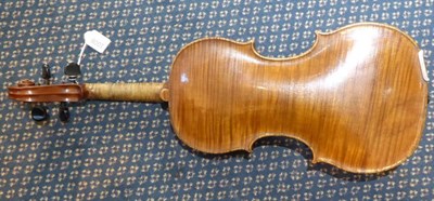 Lot 1008 - Violin 13 7/8'' one piece back, ebony fingerboard and tailpiece, no label, with bow stamped...