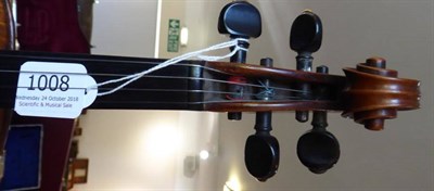 Lot 1008 - Violin 13 7/8'' one piece back, ebony fingerboard and tailpiece, no label, with bow stamped...