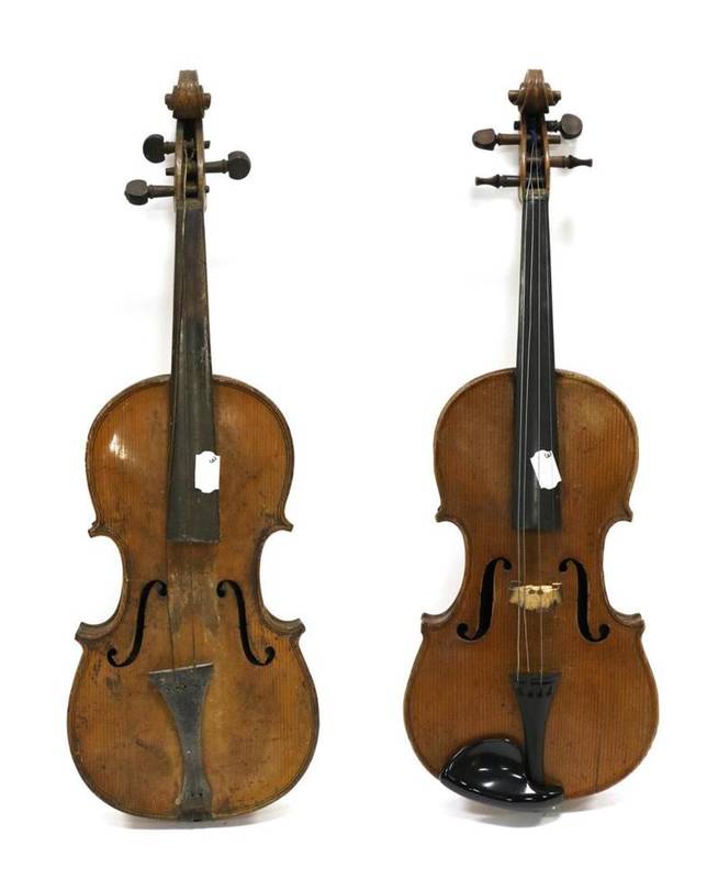 Lot 1009 - Violin 13 7/8'' one piece back, no makers mark or label, painted on purfling, in coffin case;...