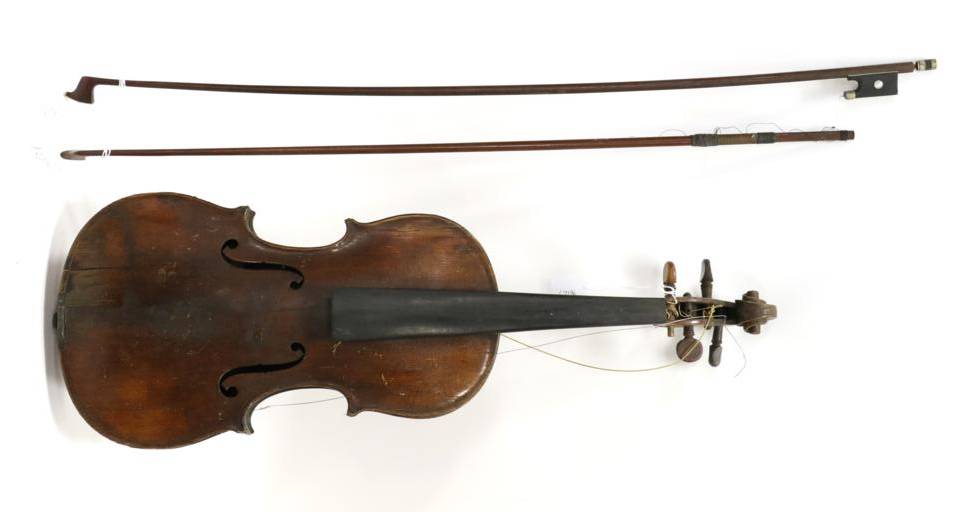 Lot 1013 - Violin 14 1/8'' two piece back, ebony fingerboard, with two bows, cased