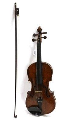 Lot 1016 - Violin 14'' one piece back, ebony fingerboard and tailpiece, no label, cased with bow