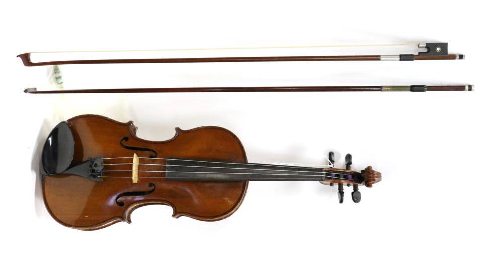 Lot 1023 - Violin 14'' two piece back, ebony fingerboard, no label, cased with two bows