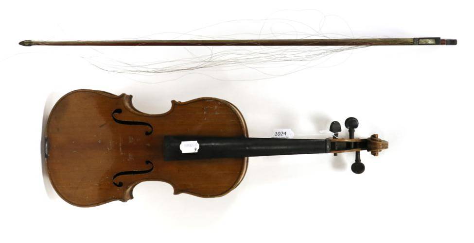 Lot 1024 - Violin 14'' two piece back, ebony fingerboard, stamped inside 'Ole Bull' also stamped under...
