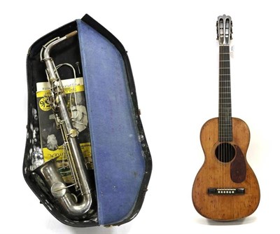 Lot 1050 - Parlor Guitar appears to be made of Brazilian hardwood, darkwood back and sides, decorative...
