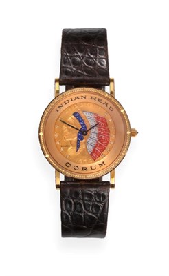 Lot 262 - A Rare 18ct Gold Wristwatch, signed Corum, model: Indian Head, circa 2000, quartz movement,...