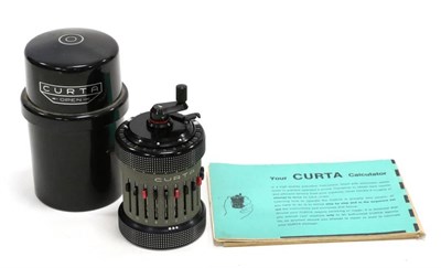 Lot 1082 - Curta Type II Calculator no.541636, with grey barrel, in plastic container with instructions