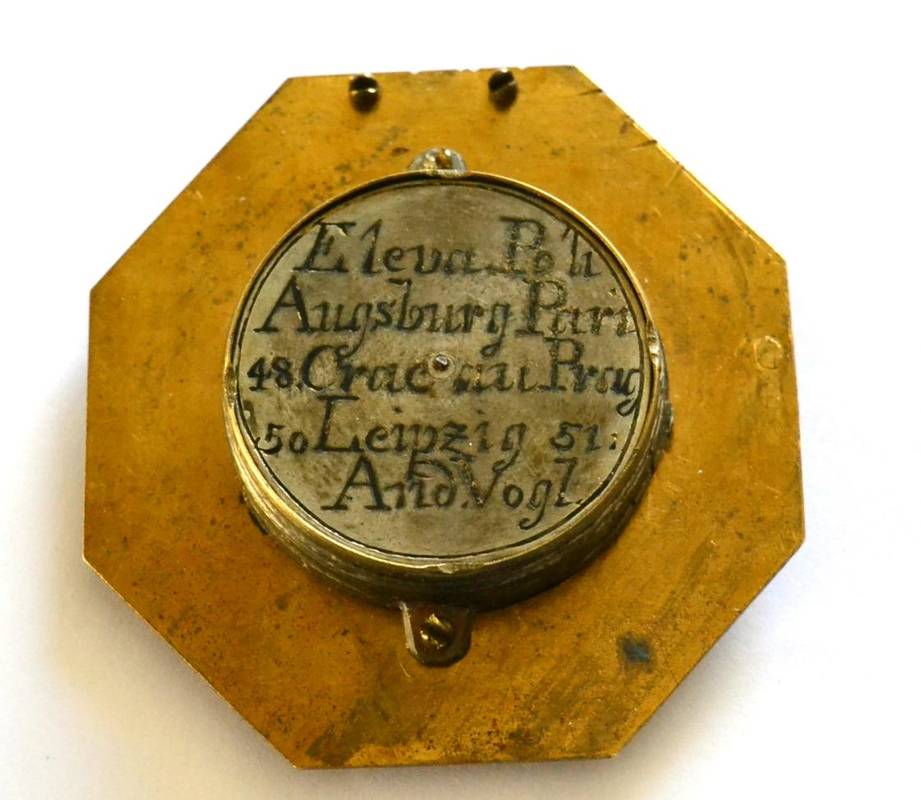 Lot 1091 - Pocket Sundial later reproduction of Augsburg, hexagonal form 6cm diameter (cased)