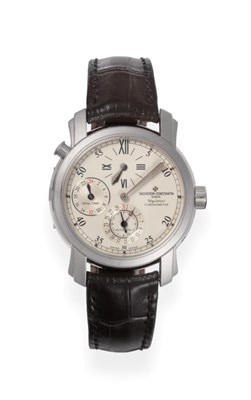 Lot 278 - A Fine 18ct White Gold Regulator Dial Automatic Calendar Dual Time Zone Wristwatch, signed Vacheron