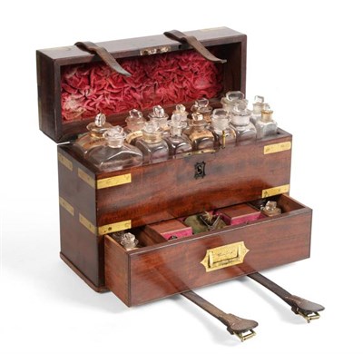 Lot 1131 - Apothecary Chest with 14 glass bottles with stoppers in top layer (most with labels) and lower...