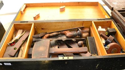 Lot 1210 - Woodworking Chest containing set squares, a brace, marking gauges, a tape measure, a level and...