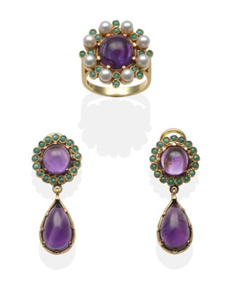 Lot 348 - An Amethyst, Turquoise and Cultured Pearl Ring and Earring Suite, the ring with a round...