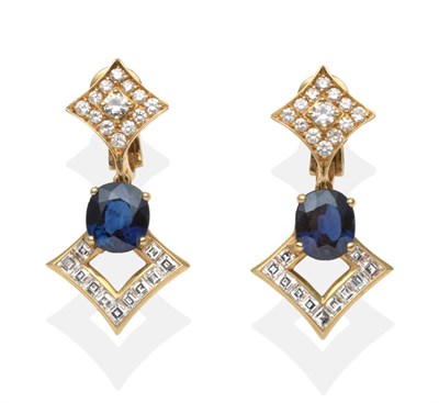 Lot 354 - A Pair of 18 Carat Gold Sapphire and Diamond Earrings, a diamond shaped stud pavé set with round