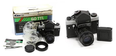Lot 1229 - Kiev 60 TTL Camera with Arsat C f2.8 80mm lens and a few accessories (boxed)