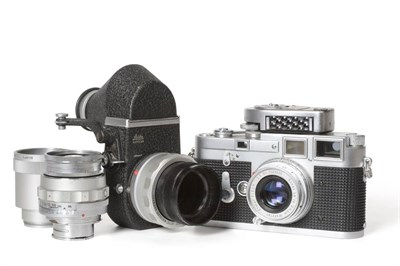 Lot 1232 - Leica M3 Camera serial no. 753360 with Leitz Elmar f2.8 50mm lens, Leitz Elmar f4 90mm lens,...
