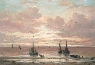 Lot 23 - Hendrik Willem Mesdag (1831-1915) Dutch Beached fishing boats at sunset  Signed and dated 1896, oil