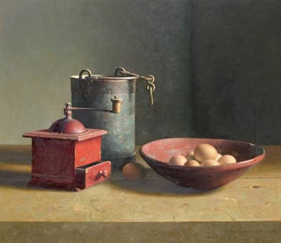 Lot 81 - Henk Helmantel (b.1945) Dutch Still life of a coffee grinder, metal bucket and a bowl of eggs...