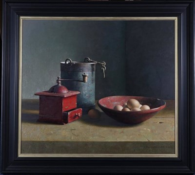 Lot 81 - Henk Helmantel (b.1945) Dutch Still life of a coffee grinder, metal bucket and a bowl of eggs...