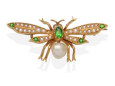 Lot 384 - A Victorian Demantoid Garnet and Pearl Insect Brooch, with an oval cut demantoid garnet thorax...