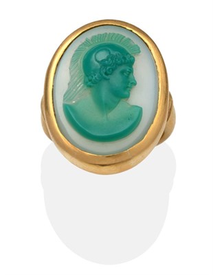 Lot 406 - A 22 Carat Gold Carved Agate Cameo Ring, an oval green agate carved in relief with the bust of...