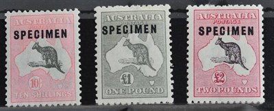 Lot 128 - Australia High Value Roo Specimens 10s, £1 and £2, SG 136-38 mounted mint (3)