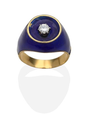 Lot 432 - A Blue Enamel Diamond Solitaire Ring, a round brilliant cut diamond in a white claw setting...