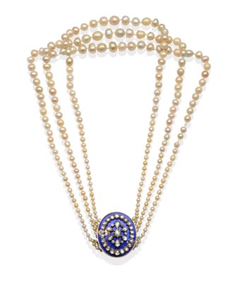 Lot 435 - A Triple Strand Pearl Necklace with Diamond Set Blue Guilloche Enamel Clasp, three strands of...