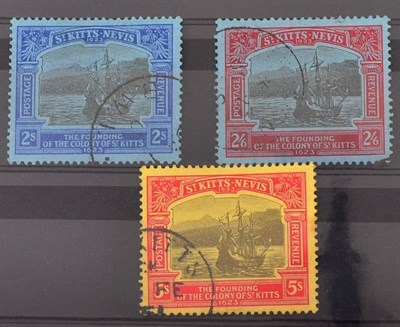 Lot 251 - St. Kitts Nevis KGV 1923 Tercentenary Values to 5/- ; SG 56,57,59 fine used trio, 2/-, 2/6 and...