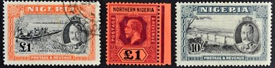 Lot 258 - Nigeria KGV High Values - 1912 £1 fine marginal mint, cat £180 plus 1936 10/- mint and £1 v.f.u.