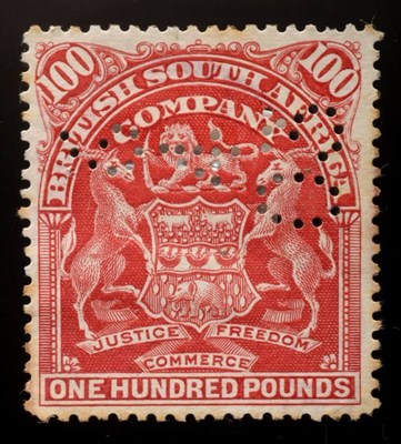 Lot 265 - Rhodesia - British South Africa Company - 1898/1908 rare £100 Cherry Red perfinned used.....