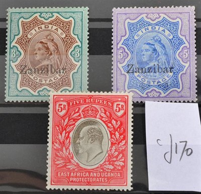 Lot 282 - Zanzibar QV overprints on India, 3r and 5r, SG 20-21 fine mint, cat £195. Also East Africa and...