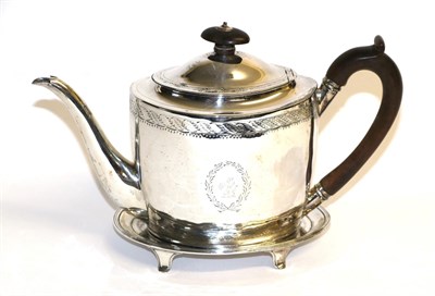 Lot 473 - A George III Silver Teapot and Stand, John Emes, London 1798/99, oval with foliate engraved...