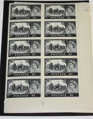 Lot 311 - QE 1967 Castles set in fine u.m. plate blocks of 10, all with different plate block imprints....