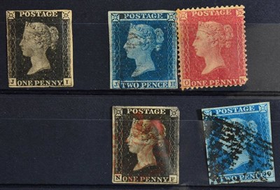 Lot 357 - A grouping of 1d blacks and 2d blues. Including a 3 margin 1d black with red MX, two additional...